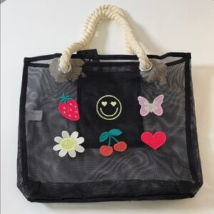 art class Black Mesh Beach Bag Tote with Rope Handles and Colorful Patch Designs